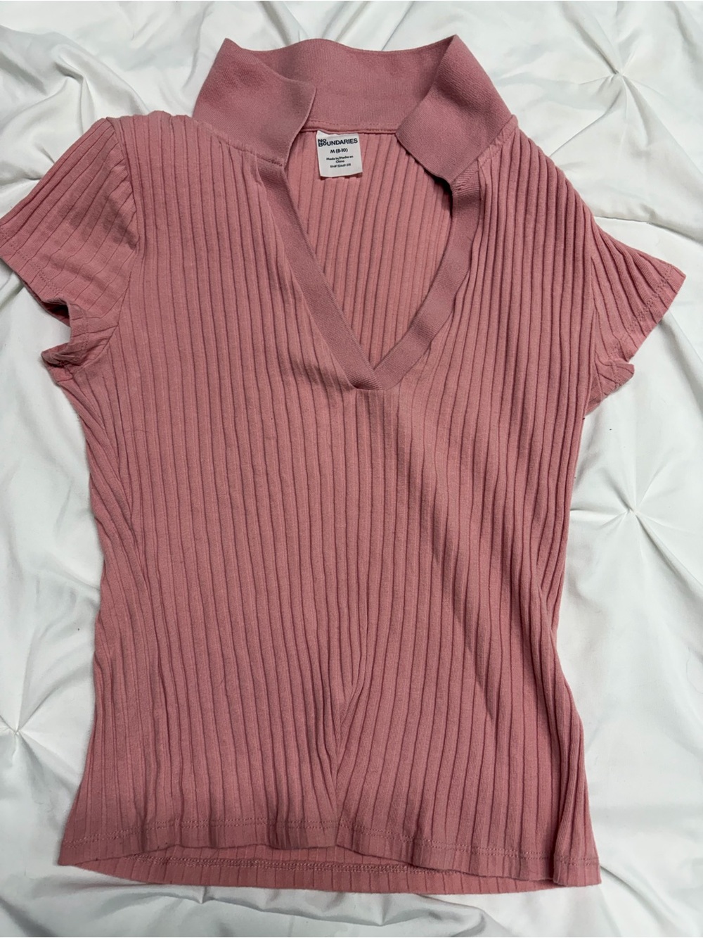 No Boundaries Dusty Rose Ribbed V-Neck Collared Short Sleeve Top